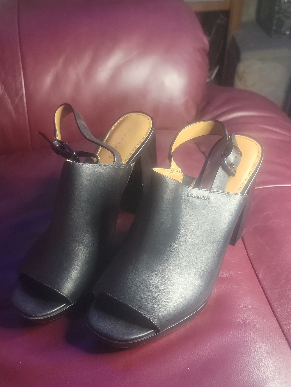 Coach Black Leather Open-Toe Slingback Block Heels